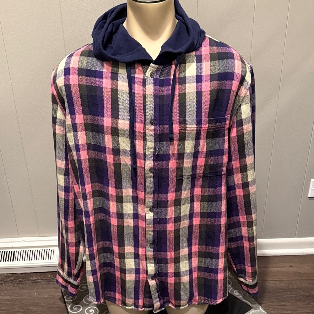Edgar + Ash Men 2XL Casual Plaid Button-Down Shirt Shacket with Hood